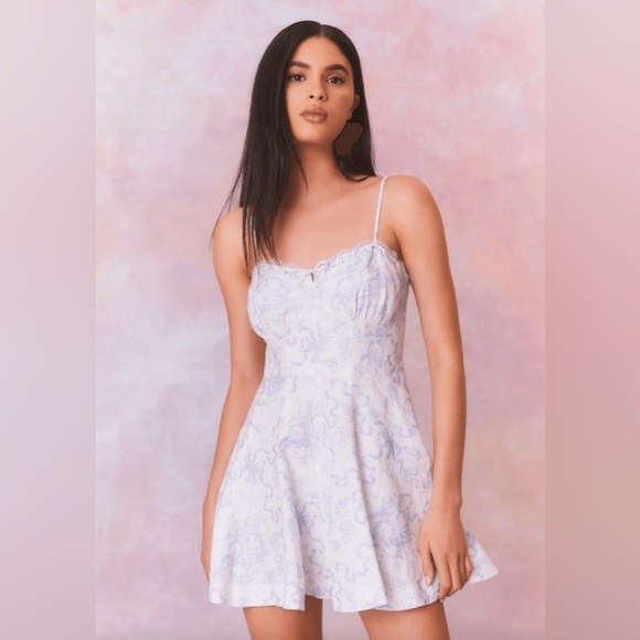 Love Shack Fancy Shai Linen Lace Ribbon Bow Mini Dress Blissful Blue White - Picture 8 of 15